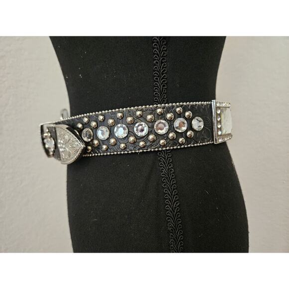 New! BHW Western Cowgirl Leather Belt Crystal Rhinestones Black Size XS 25-29 main image 4
